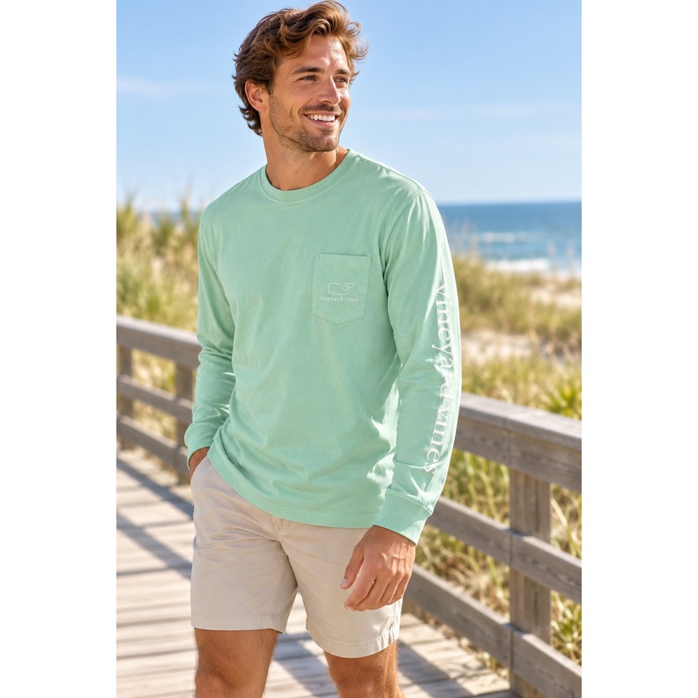 Vineyard Vines Long Sleeve Pocket T-Shirt Mens XL Green Excellent Whale Graphic